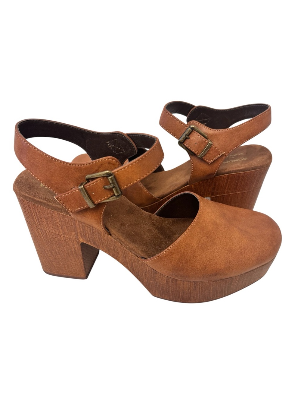 Women’s Cognac Platform Faux Wood Mary Jane Heels Buckle Strap with Ortholite